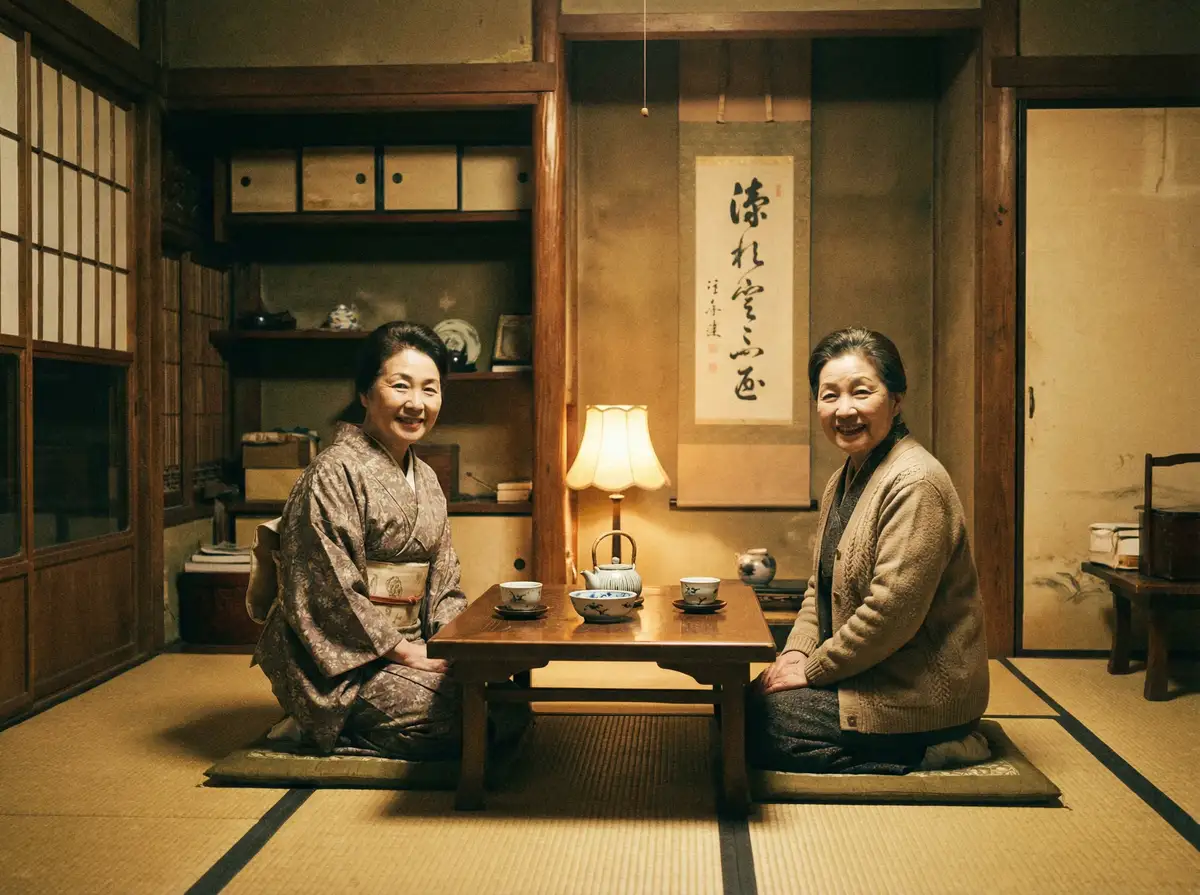 两位优雅的 欲梦子 在日式茶室中品茶交谈